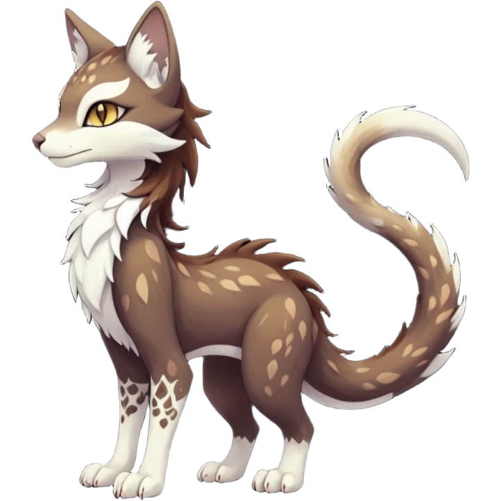 Kawaii dark edgy brown beige white fantasy ethereal feline-vernid-sergal-rocruff-fursona animal creature with a tufted tail full body with intricate markings  emoji