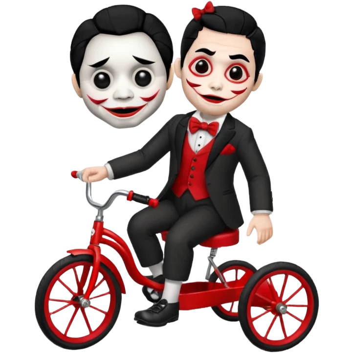 Billy the puppet from Saw riding a red tricycle, emoji style, white face, red spiral cheeks, black hair, red bow tie emoji