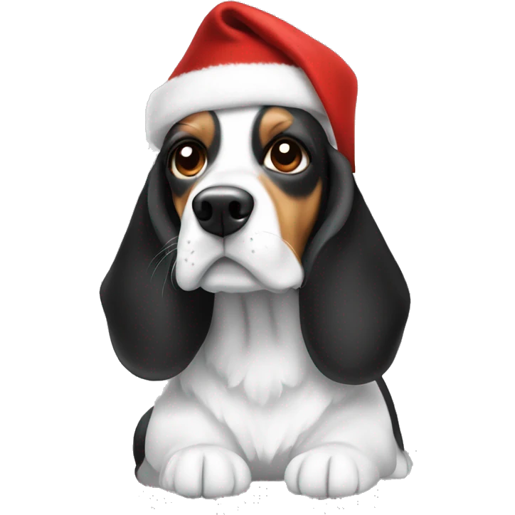 A black and white cocker beagle dog with a Christmas hat emoji