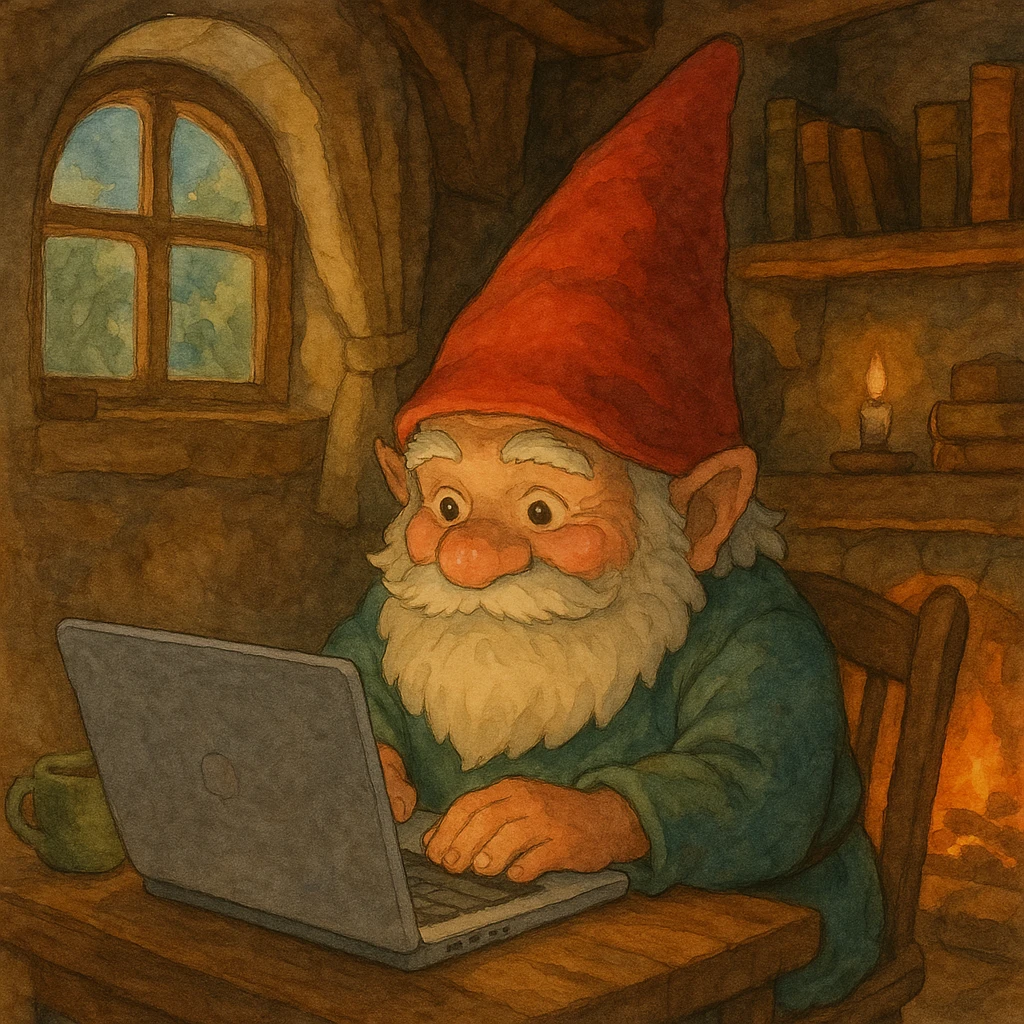 a gnome at a laptop, with a cozy, fantasy-inspired setting emoji