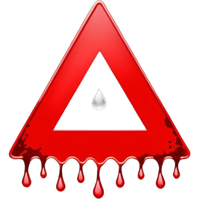 A triangular danger with a bold black border with danger written in the middle  and a bright yellow background. In the center, a dark red blood splatter spreads outward, with a few drops dripping down the sign. The design gives a wild, intense, and dangerous vibe,  emoji