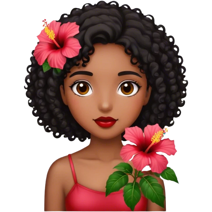 Girl with brown skin with black curly hair holding hibiscus flowers emoji