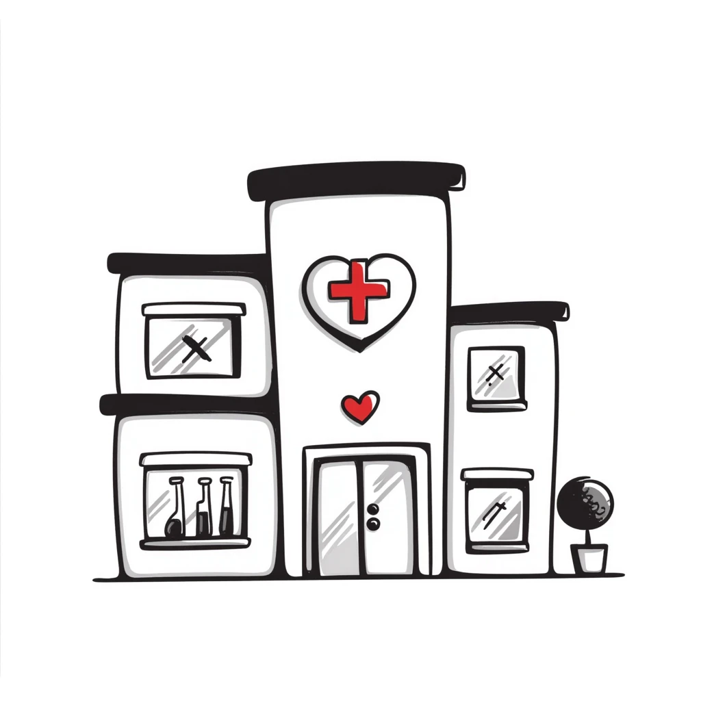 Modern clinic building with glass facade, featuring a red cross sign, test tubes on display, and a subtle heart icon, clean and medical appearance emoji