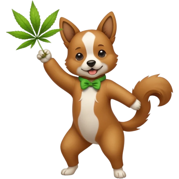A dog with a piece of weed in his mouth standing on two legs hitting the dab emoji