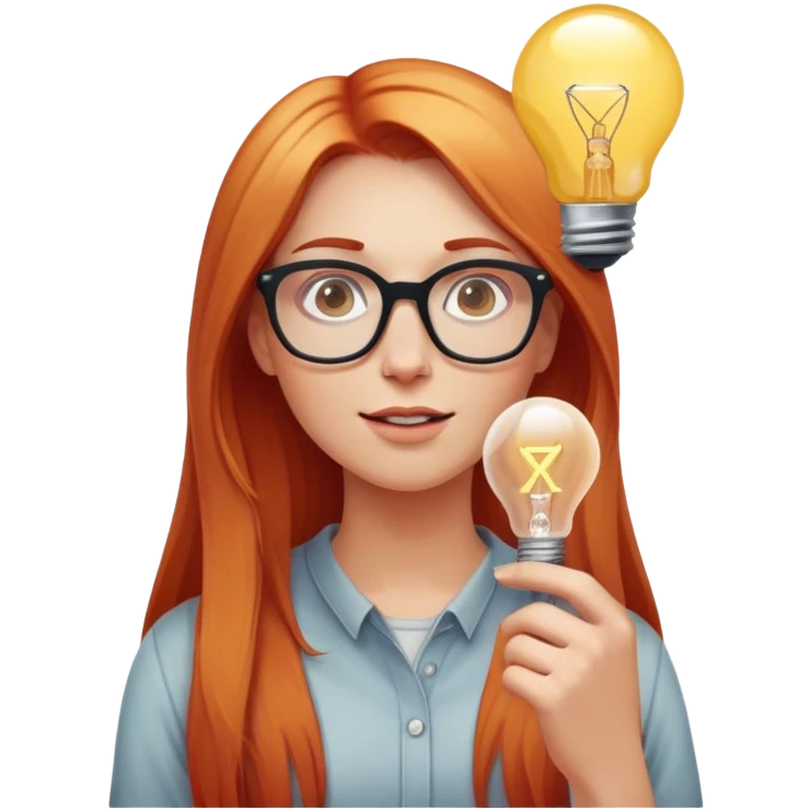 intelligent and clever, 30 year old, girl, long red and almost blond hair, glasses, has an brillant idea, light bulb over the head, casual cloth  emoji