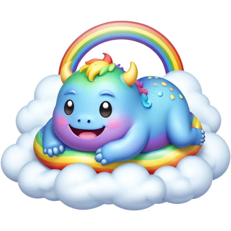 3D, Kawaii derpy fat rainbow monster laying on a magic rainbow cloud, rich textures, visually detailed, so lifelike that it feels like it could leap off the page at any moment emoji