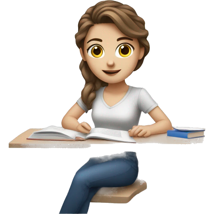 white girl studying at a white desk, brown hair, blue eyes, computer emoji