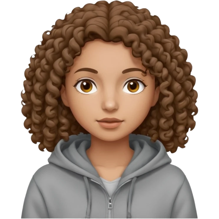 Woman, curly brown hair, hoodie, emoji