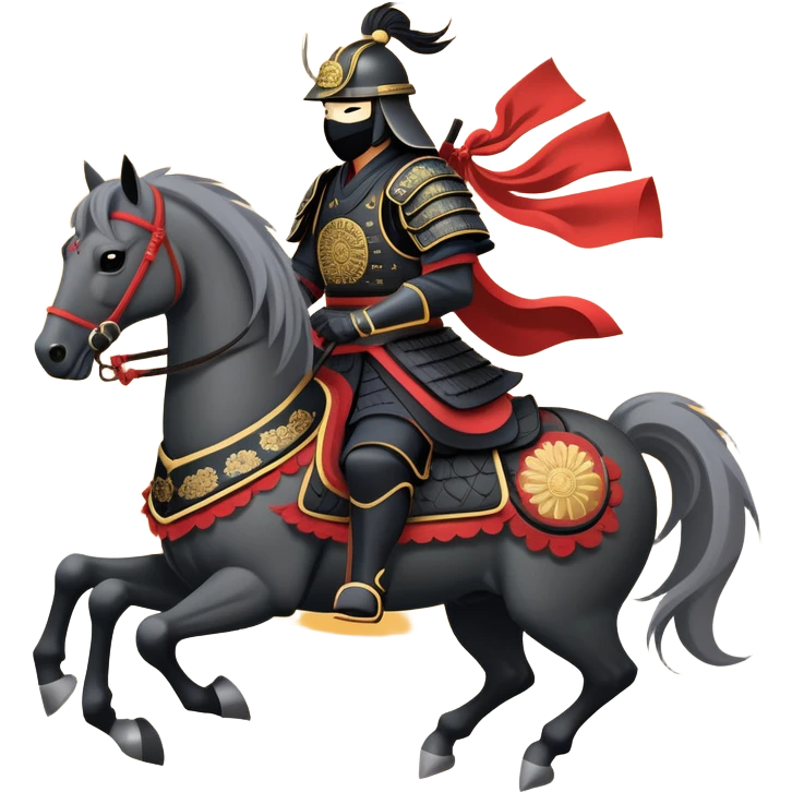 clash-of-clans-aesthetic_-cinematic-fearsome-and-majestic-samurai-bust-portrait-emoji, rendered in a flat, vector-style with minimal shading and bold, simplified shapes typical of emoji art, depicting a battle-hardened samurai with black mask and traditional black Japanese armor. The samurai is riding a noble grey warhorse adorned with an intricately designed saddle and fluttering banners and a rising sun. a samurai on a   horse emoji
