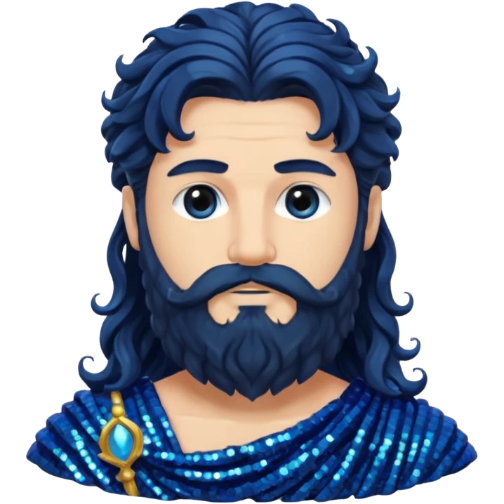 Neptune, God of Sea from Roman Deities with long jet black wavy hair and beard, dark blue sequin toga emoji