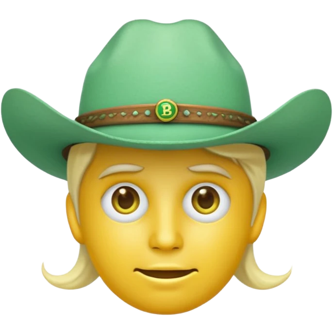 unisex yellow face emoji, minty green cowboy hat with '100x', Bitcoin logos for eyes, emoji style emoji