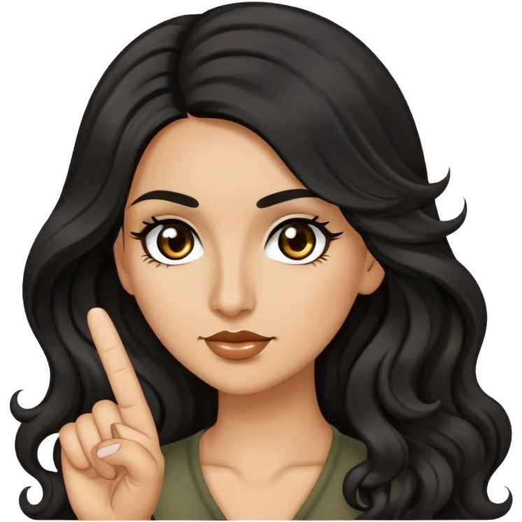 woman with olive skin, brown eyes and long lashes, and long black wavy hair giving the middle finger  emoji