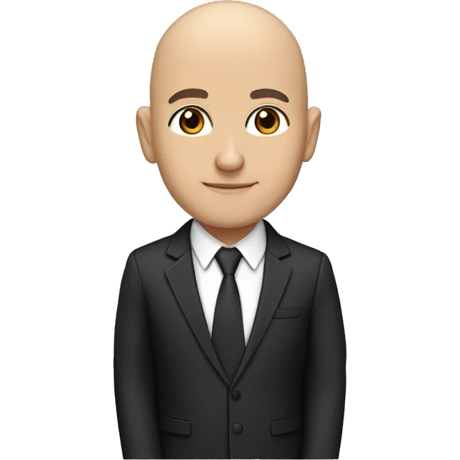 light skinned bald teacher with brown eyes wearing a black suit and a tan tie with a geometric pattern. teacher also wearing headphones and no glasses emoji
