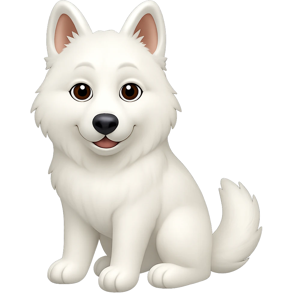 Create a full body husky dog with completely white fur in the style of apple emojis. Keep the background transparent. emoji