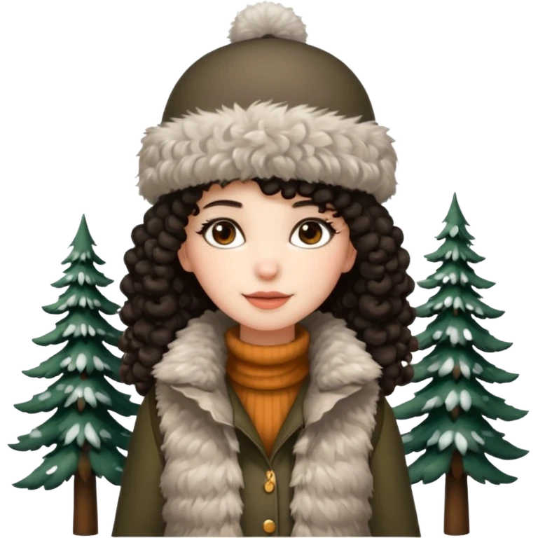 "A girl with curly dark hair 👩🏻‍🦱, wearing a fur hat 👒🦊 and a fur vest 🧥, standing in the snow ❄️ with pine trees 🌲 in the background. Minimalistic emoji style." emoji