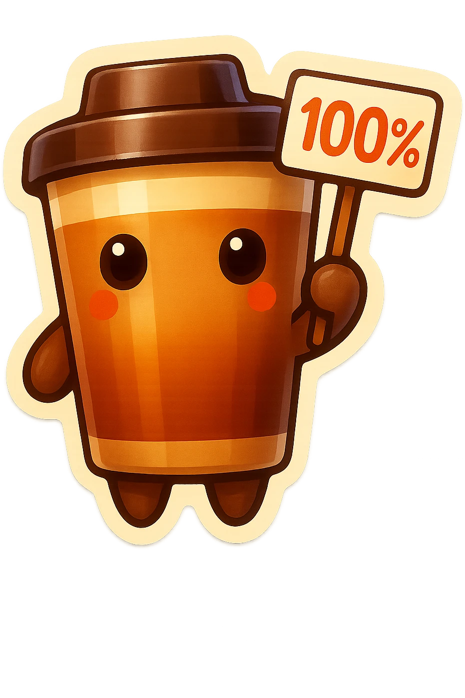 Tall coffee cup, no mouth, holding sign "100%" emoji