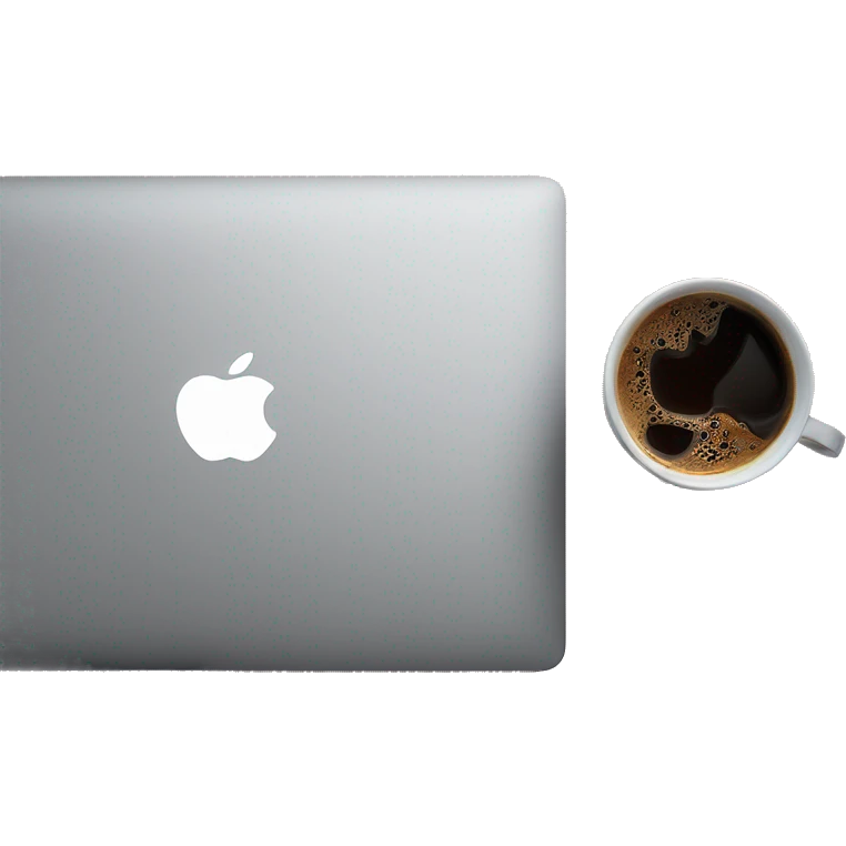 Ein MacBook und obendrauf ein Kaffee mit einem Notizbuch von oben fotografiert emoji