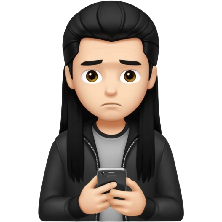 a PRETTY BRATZ boy with black long hair , using his phone and looking sad emoji