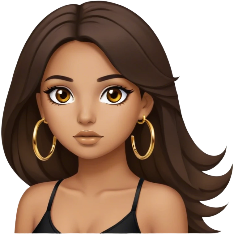 Latina girl medium tan skin with gold hoops and brown makeup beautiful hair down black wing eye  emoji