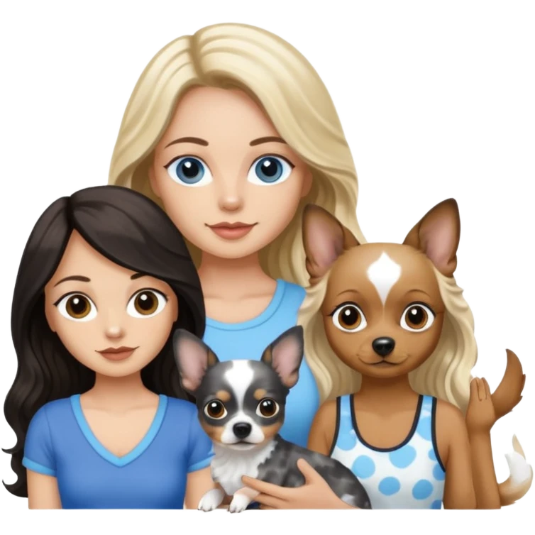 Three women in summer clothes with iPhones, hazel eyed light skin with dark blonde long hair holding black and tan chihuahua and Brown eyed,light skin,black long wavy hair and blue eyed light skin long blonde hair with blue spotted Merle Frenchie emoji