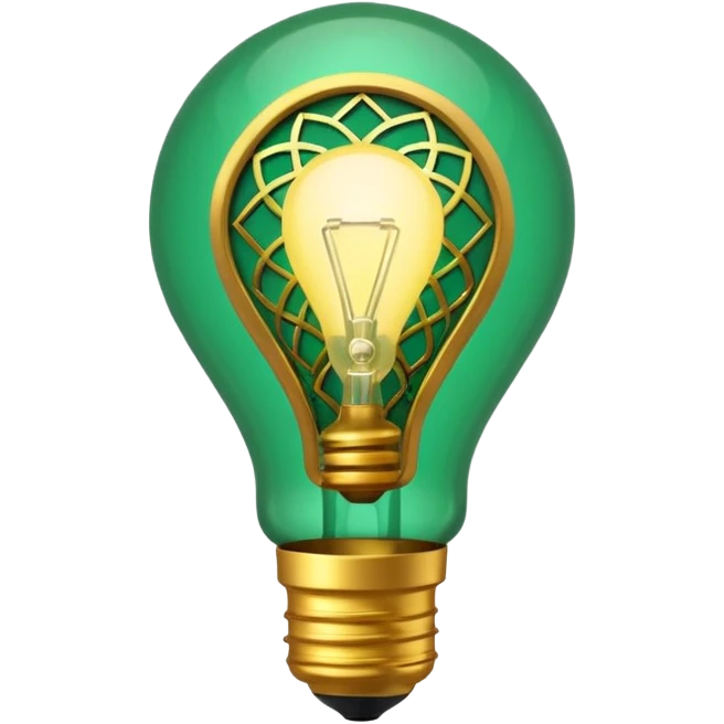 3D emoji, light bulb with Moroccan arabesque pattern inside, golden frame, glowing light, emerald green and gold colors, minimalist, white background. emoji