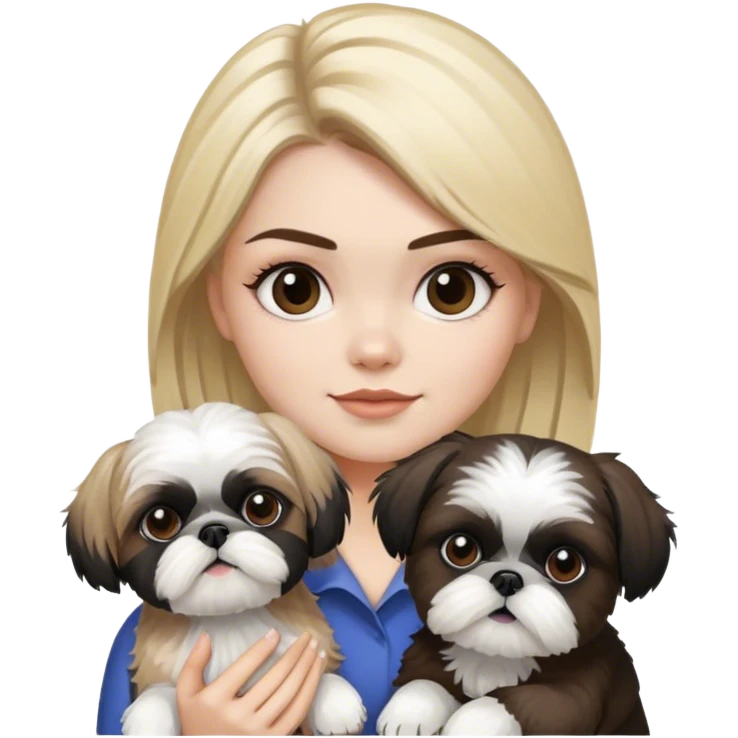 a blonde woman holding a black and white shihtzu with brown eyebrows emoji