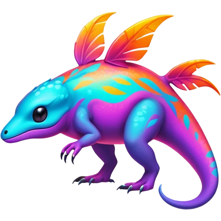 Exotic futuristic lush warm-colored neon tropical Fakémon-Fionbri-creature with cool-colored splash markings  emoji