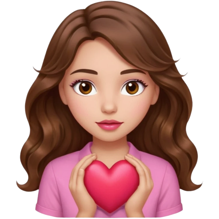 girl with long wavy brown hair, brown eyes, light to medium complexion, in a pink shirt, pink lips, long lashes, squeezing a big heart emoji