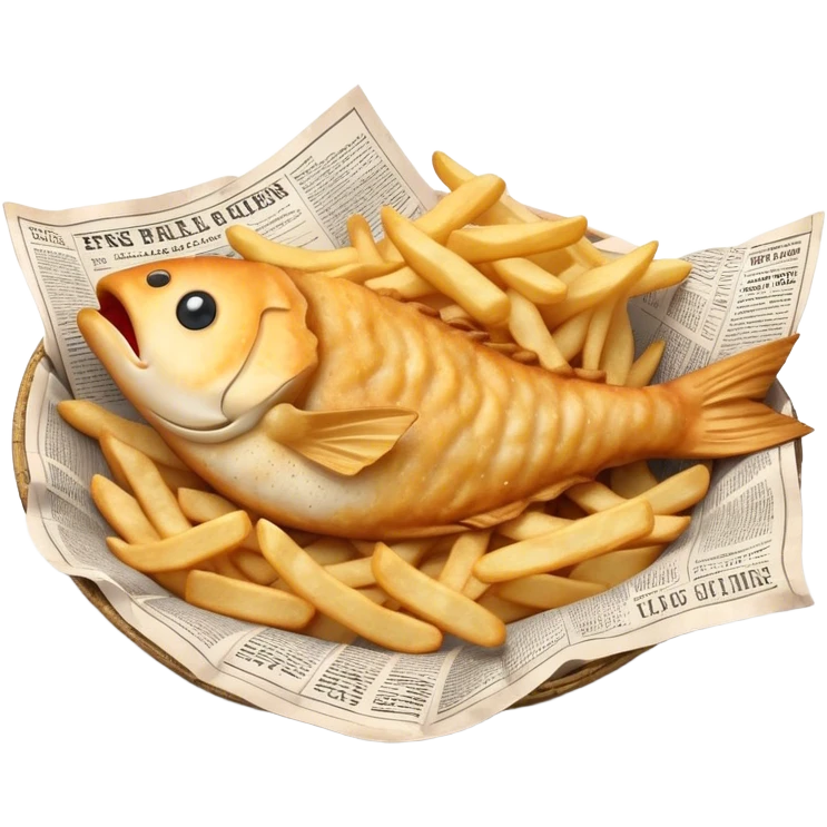 Cinematic Realistic Fish and Chips Dish Emoji, depicted with crispy golden battered fish and chunky hand‚Äêcut chips served in traditional newspaper wrapping, rendered with mouth‚Äêwatering texture and warm natural lighting that captures its quintessential British charm. emoji