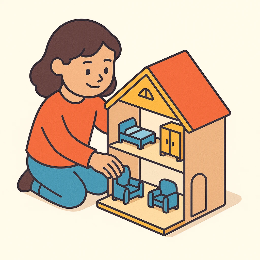 smiling girl arranging furniture in doll house emoji