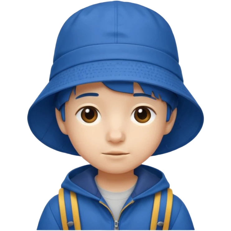 Little student wears blue bucket hat and jacket, backpack, shy emoji