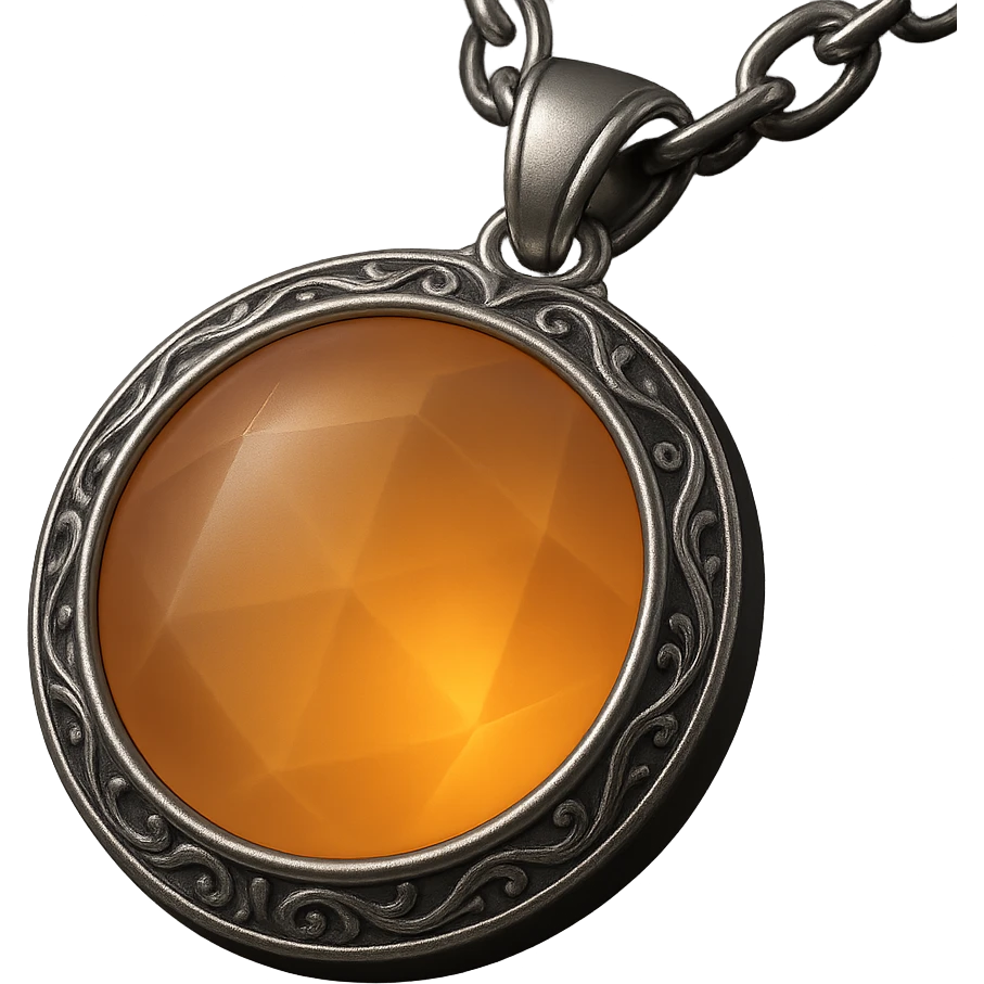 Add a silver chain or ornate setting to the round cut holographic amber charm, keeping the extreme close-up and original style emoji