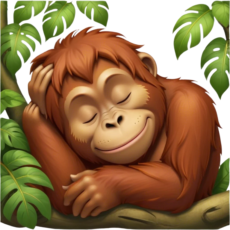 Meme-Worthy cute Sleeping Orangutan Portrait Emoji, Head resting peacefully with a contented smile, showcasing luxuriously soft fur and eyes gently closed in serene slumber, Simplified yet comically adorable features, highly detailed, glowing with a soft, drowsy jungle light, high shine, relaxed and utterly lovable, stylized with an air of playful laziness, bright and heartwarming, soft glowing outline, capturing the essence of a sleeping orangutan that feels destined to become the next viral icon of adorable rest! emoji