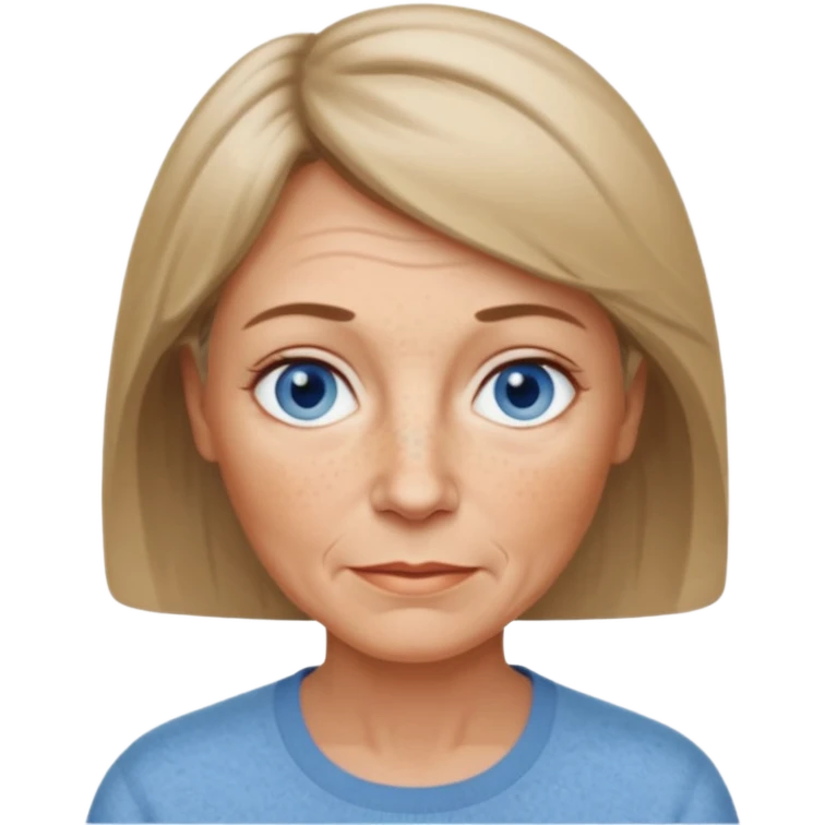create a 57 year old woman. with short dark blonde hair. greyish blue eyes. some wrinkles and freckles. light skin. emoji