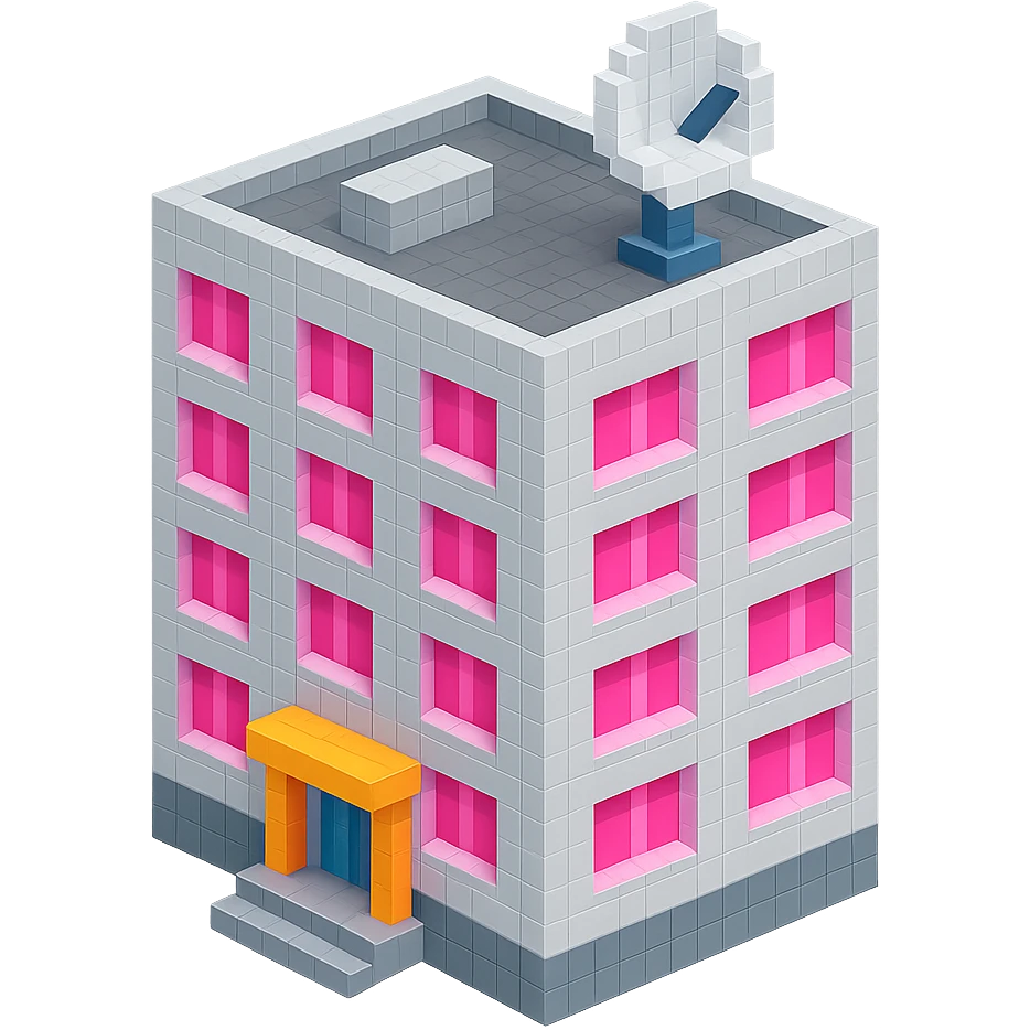 modern Russian panel apartment building, square block, light gray, bright pink windows, detailed entrance, large satellite TV dish on roof, isometric view emoji