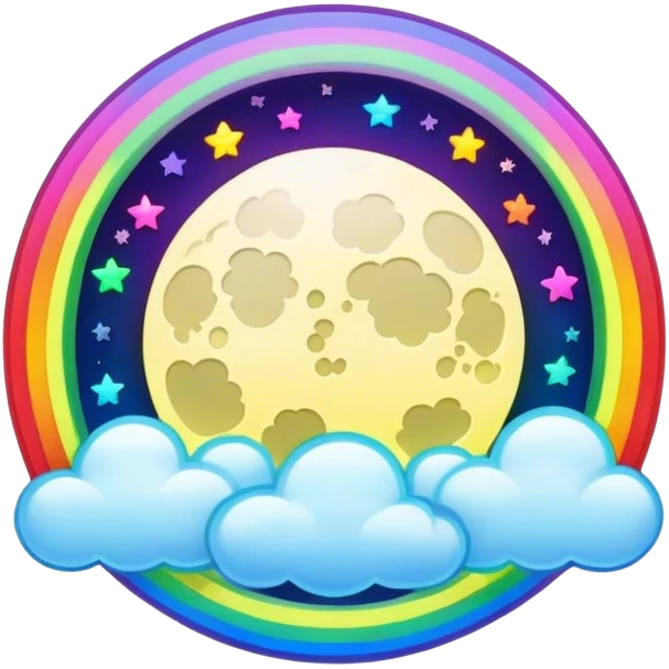 Beveled button with shine, Neon rainbow colored damask style full moon with stars and clouds in the center emoji