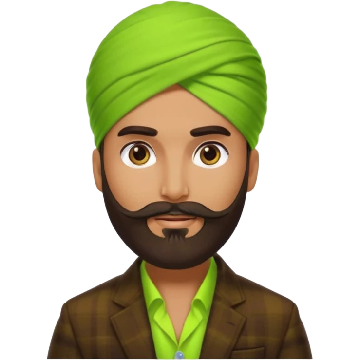 a pretty bratz emoji that looks like a bearded Akshay kumar wearing a neon green turban. Wearing a dark brown flannel blazer emoji