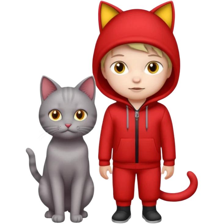 There is a kid wearing all red. Next to him there is a gray cat that has a red cat outfit and the cat has yellow eyes emoji