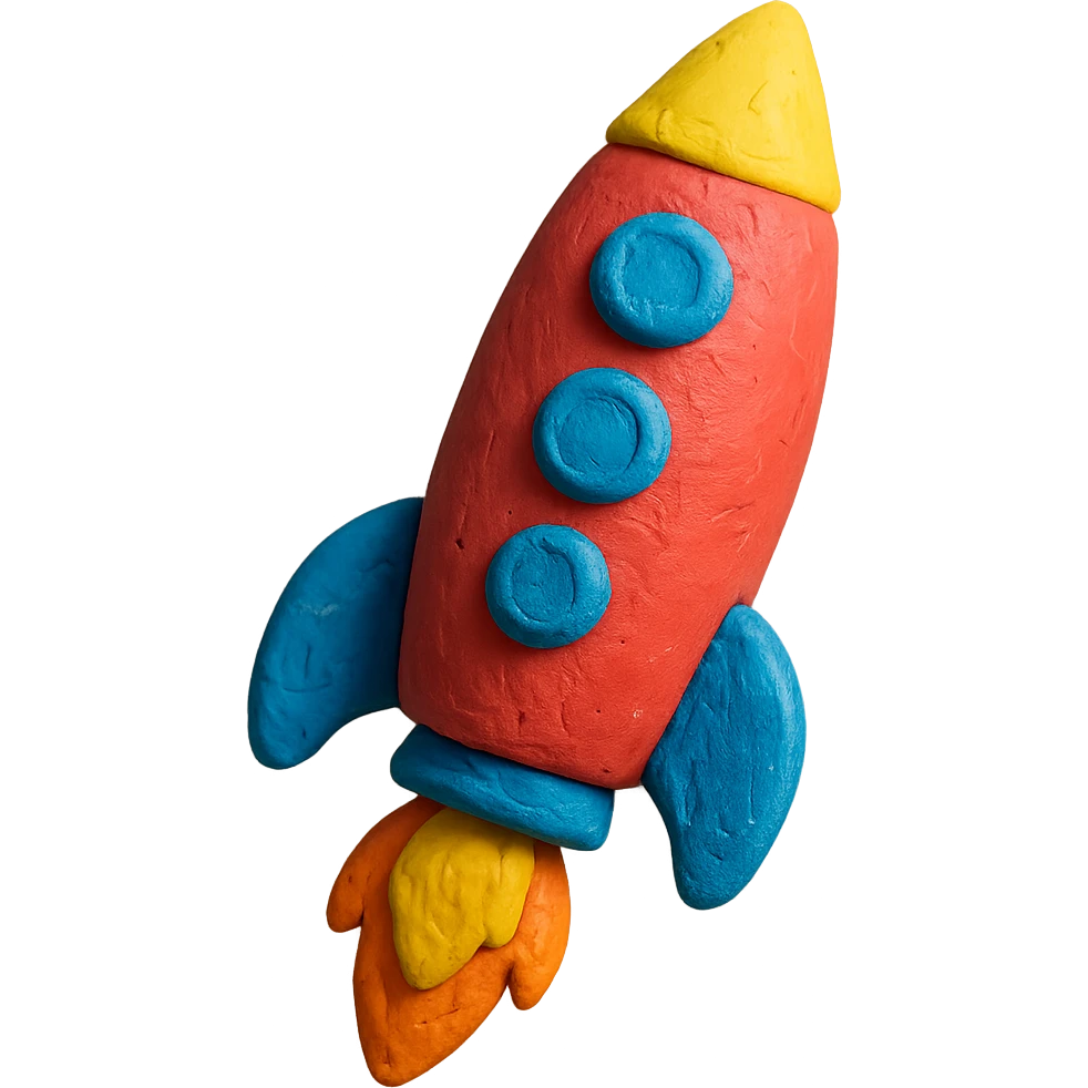rocket ship, vibrant colors, floating, claymation style, visible fingerprints, soft lighting emoji