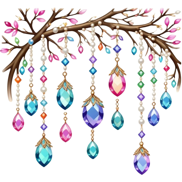 Exotic colorful romantic Few cute tiny Iridescent glistening glossy sparkly shiny glittery hanging crystals pearls and beads and gemstones scenery scenic decorations with branches and flowers emoji