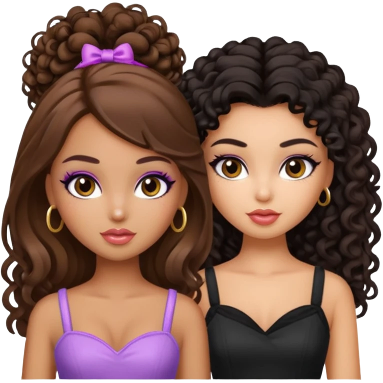 2 pretty bratz fair girls. One has straight brown hair and is tan. One is fair with curly black hair emoji