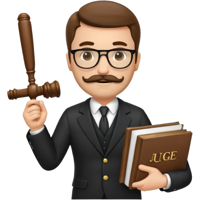 “Create a clean, modern emoji-style illustration of a male lawyer. He is wearing a formal suit jacket. He is holding a judge’s gavel (QUE SE VE DE COSTADO) in one hand and has a law book tucked under his arm. He has a mustache and beard!!, and GLASSES emoji