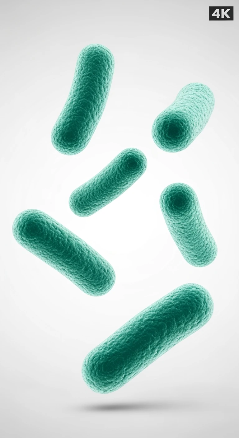 sei batteri intestinali turchesi fluttuano in aria, sfondo bianco, ma iperrealistica 4k emoji