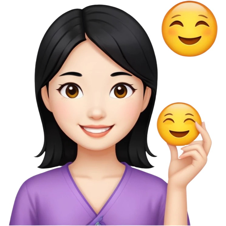 Chinese girl wiz black and front hair, sunny smile emoji