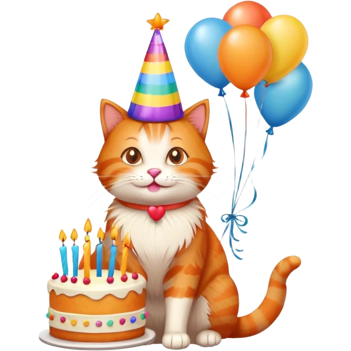 Ginger cat celebrates birthday, birthday hat, birthday cake, balloons, happy emoji