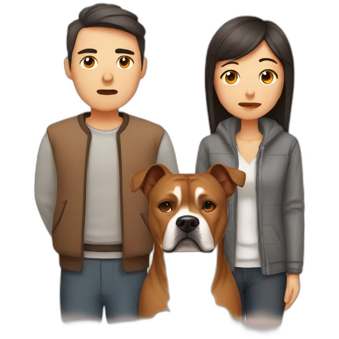 Sad Man with Chinese wife and brown Staffordshire terrier dog emoji