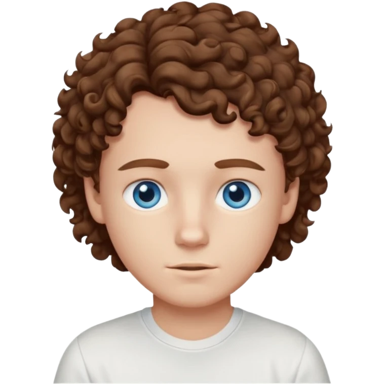White boy with blue eyes and brown semi long hair with a White shirt without a side part, curly hair emoji