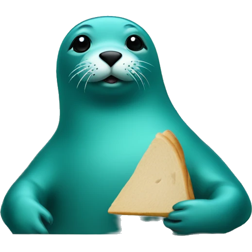 teal-coloured seal sitting behind a table with a sandwich emoji