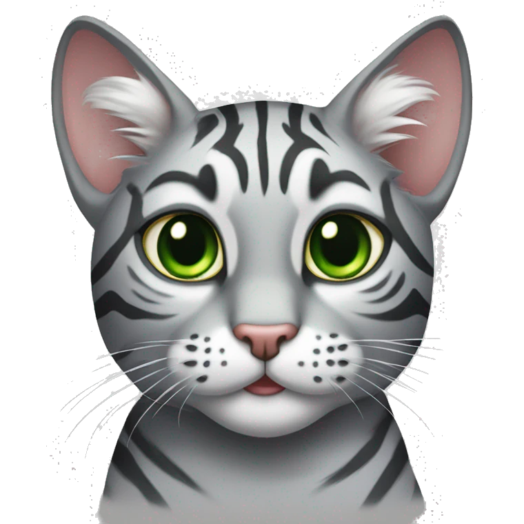 grey tiger tabby cat with green eyes and one ear cut off at the top emoji