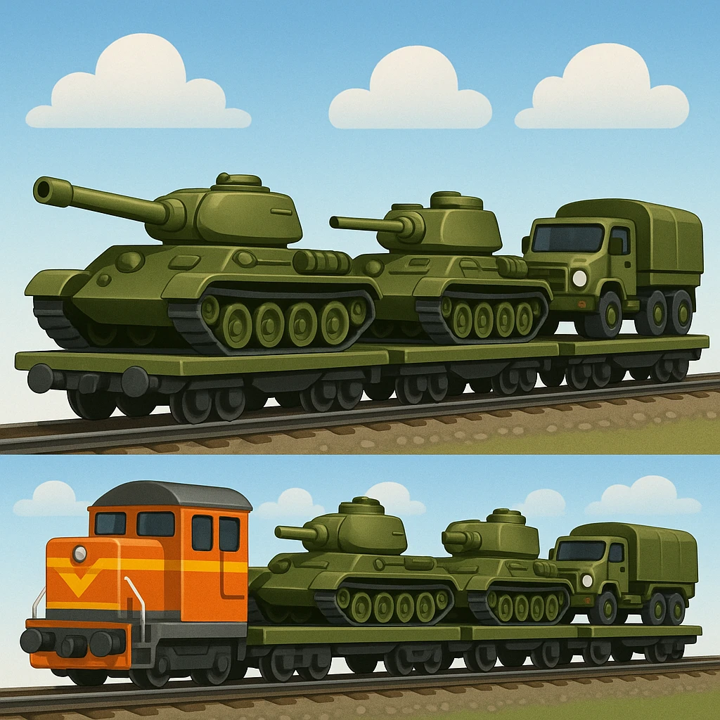 Create a realistic ordinary cargo train transporting military equipment such as tanks and trucks in a classic emoji style. This is variant 2 of the design. emoji